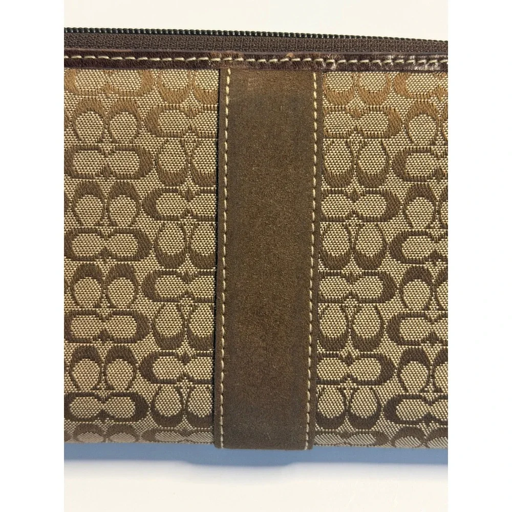 VTG Coach‎ Wallet Brown Signature Canvas Suede Trim Zip Around Accordion Clutch